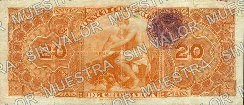 20 pesos, Banco Comercial de Chihuahua (M85), M85a $20 Banco Comercial de Chihuahua, reverso