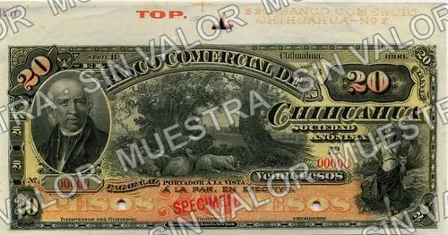 20 pesos, Banco Comercial de Chihuahua (M85), M85s $20 Banco Comercial de Chihuahua specimen, anverso