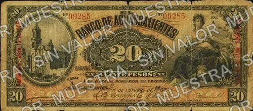 20 pesos, Banco de Aguascalientes (M53), anverso ((M53c $20 overprinted 'Guadalajara, Mayo 15 de 1905'))