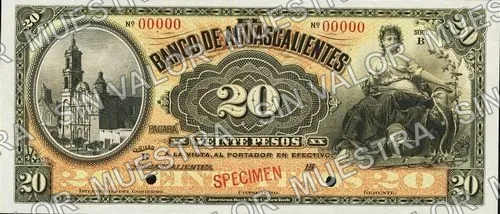 20 pesos, Banco de Aguascalientes (M53), anverso (M53s $20 Banco de Aguascalientes specimen)