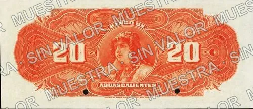 20 pesos, Banco de Aguascalientes (M53), reverso (M53s $20 Banco de Aguascalientes specimen)
