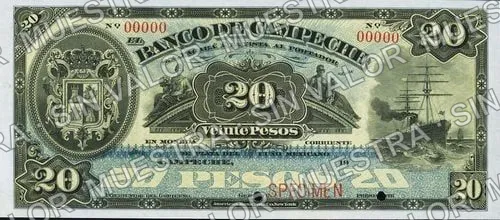 20 pesos, Banco de Campeche (M61), anverso (M61p $20 Banco de Campeche specimen)