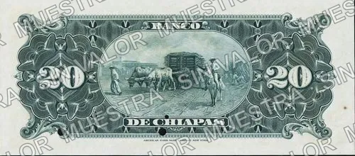 20 pesos, Banco de Chiapas (M67), M67s $20 Banco de Chiapas specimen, reverso