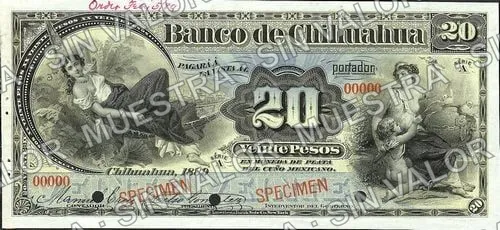 20 pesos, Banco de Chihuahua (M78), M78s $20 Banco de Chihuahua specimen, anverso