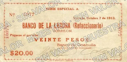 20 pesos, Banco de Coahuila (M1031), anverso