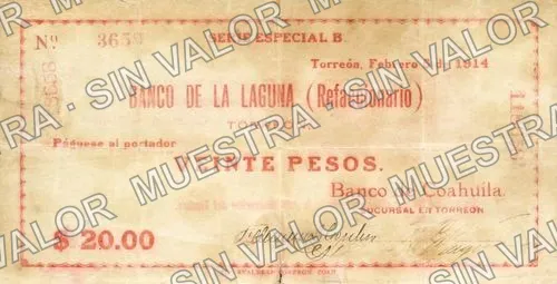 20 pesos, Banco de Coahuila (M1034), anverso
