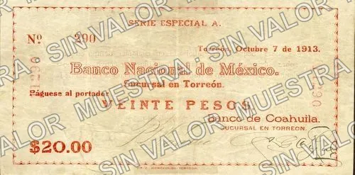 20 pesos, Banco de Coahuila (M1059), anverso