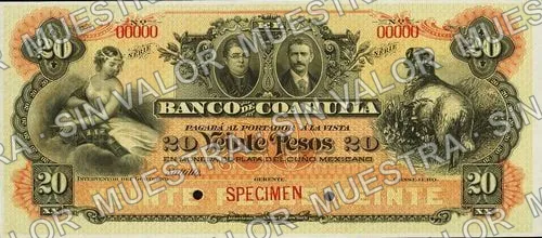 20 pesos, Banco de Coahuila (M169), anverso (M169s $20 Banco de Coahuila specimen)