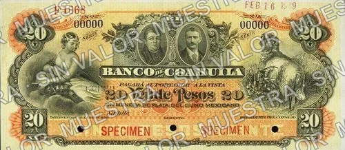 20 pesos, Banco de Coahuila (M169), anverso (M169s $20 Banco de Coahuila specimen)