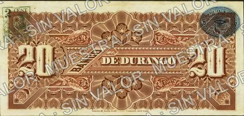 20 pesos, Banco de Durango (M334), M334c $20 Banco de Durango, reverso