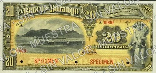 20 pesos, Banco de Durango (M334), anverso (M334s $20 Banco de Durango specimen)