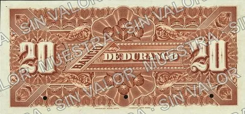 20 pesos, Banco de Durango (M334), reverso (M334s $20 Banco de Durango specimen)