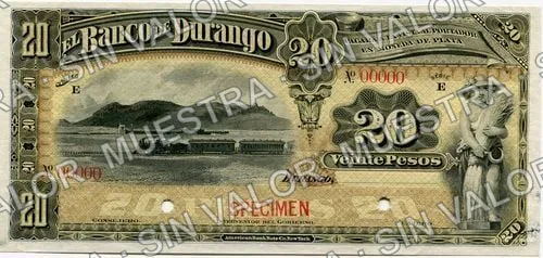 20 pesos, Banco de Durango (M335), anverso (M335s $20 Banco de Durango specimen)