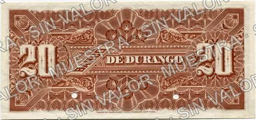 20 pesos, Banco de Durango (M335), reverso (M335s $20 Banco de Durango specimen)