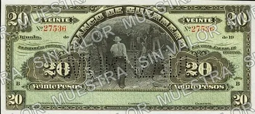 20 pesos, Banco de Guerrero (M363), M363r $20 needle-punched 'AMORTIZADO', anverso
