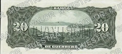 20 pesos, Banco de Guerrero (M363), M363r $20 needle-punched 'AMORTIZADO', reverso