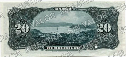 20 pesos, Banco de Guerrero (M363), reverso (M363s $20 Banco de Guerrero specimen)