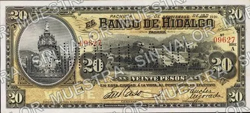 20 pesos, Banco de Hidalgo (M371), anverso (M371d $20 with two signatures and seals on back, but needlepunched 'AMORTIZADO')
