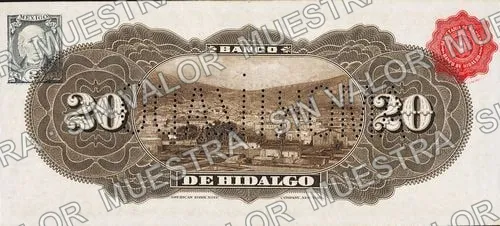20 pesos, Banco de Hidalgo (M371), reverso (M371d $20 with two signatures and seals on back, but needlepunched 'AMORTIZADO')