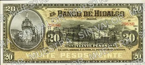 20 pesos, Banco de Hidalgo (M371), anverso (M371r2 $20 needlepunched 'AMORTIZADO')