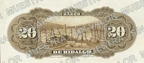 20 pesos, Banco de Hidalgo (M371), reverso (M371r2 $20 needlepunched 'AMORTIZADO')