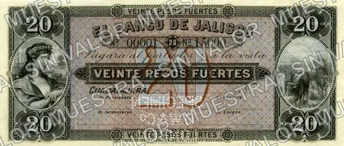 20 pesos, Banco de Jalisco (M380), anverso (M380s $20 Banco de Jalisco specimen)