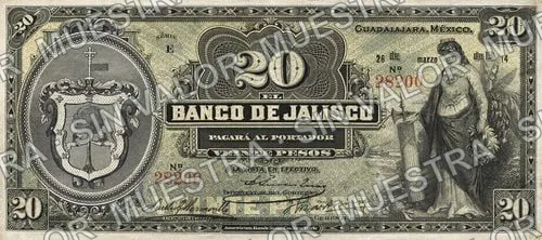 20 pesos, Banco de Jalisco (M388), M388c $20 Banco de Jalisco, anverso