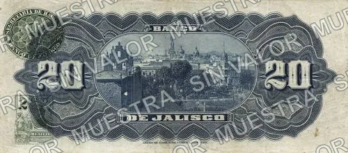 20 pesos, Banco de Jalisco (M388), M388c $20 Banco de Jalisco, reverso