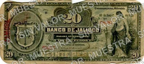 20 pesos, Banco de Jalisco (M388), anverso (M388d $20 overprinted 'ZAMORA')