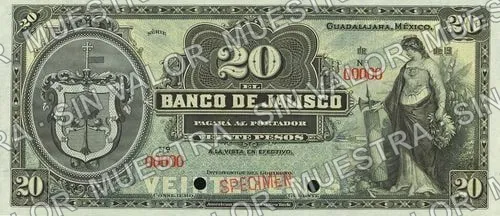 20 pesos, Banco de Jalisco (M388), anverso (M388s $20 Banco de Jalisco specimen)