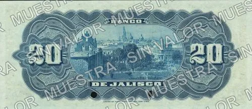 20 pesos, Banco de Jalisco (M388), reverso (M388s $20 Banco de Jalisco specimen)