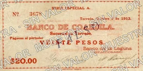 20 pesos, Banco de la Laguna (M1007), anverso