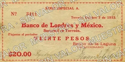 20 pesos, Banco de la Laguna (M1045), anverso
