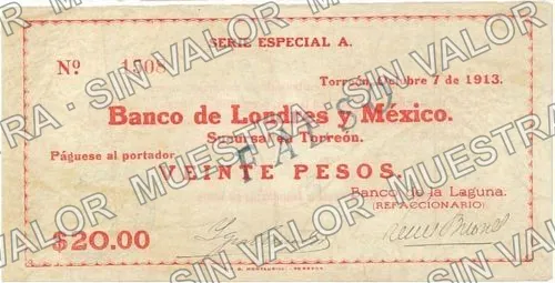 20 pesos, Banco de la Laguna (M1045), anverso (M1045b $20 Banco de la Laguna)