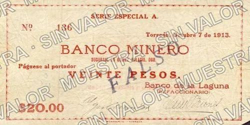 20 pesos, Banco de la Laguna (M1054), M1054b $20 Banco de la Laguna, anverso