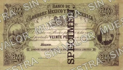 20 pesos, Banco de Londres, México y Sud América $20 (M237), M237 Banco de Londres, México y Sud América $20 specimen, anverso