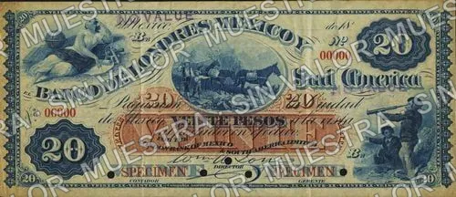 20 pesos, Banco de Londres, México y Sud América (M252), anverso (M252s $20 Banco de Londres, México y Sud América specimen)