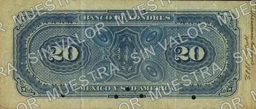 20 pesos, Banco de Londres, México y Sud América (M252), reverso