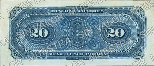 20 pesos, Banco de Londres, México y Sud América (M252), reverso (M252s $20 Banco de Londres, México y Sud América specimen)