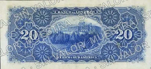 20 pesos, Banco de Londres, México y Sud América (M262), M262a $20 Banco de Londres, México y Sud América, reverso