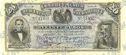20 pesos, Banco de Londres, México y Sud América (M262), M262b $20 overprinted 'PUEBLA', probably counterfeit, anverso