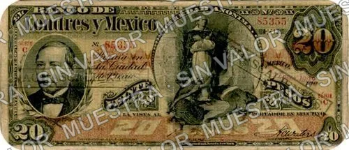 20 pesos, Banco de Londres y México (M273), M273e $20 stamped 'AGUASCALIENTES' in box, anverso