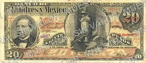 20 pesos, Banco de Londres y México (M273), anverso (M273f stamped 'COCULA')