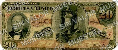 20 pesos, Banco de Londres y México (M273), anverso (M273h $20 stamped 'GUADALAJARA' in cartouche)