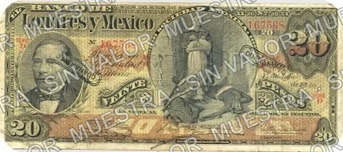 20 pesos, Banco de Londres y México (M273), anverso (M273i $20 stamped 'GUANAJUATO' in box)