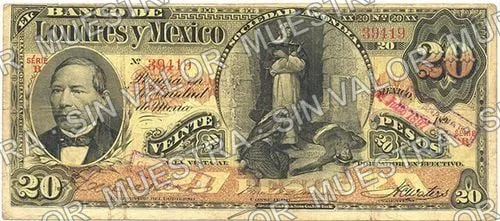 20 pesos, Banco de Londres y México (M273), M273i $20 stamped 'GUANAJUATO', anverso
