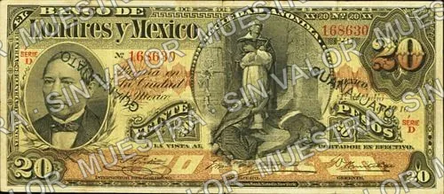20 pesos, Banco de Londres y México (M273), anverso (M273i $20 stamped 'GUANAJUATO')