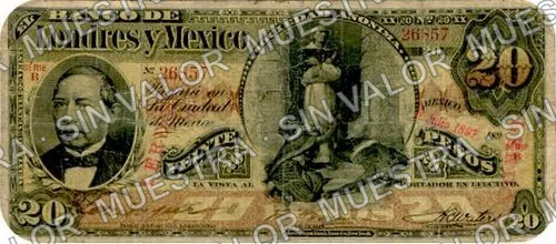 20 pesos, Banco de Londres y México (M273), anverso (M273j $20 stamped 'LERDO' in red)