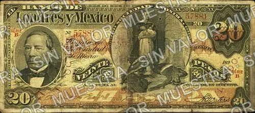 20 pesos, Banco de Londres y México (M273), anverso (M273j $20 stamped 'LERDO')