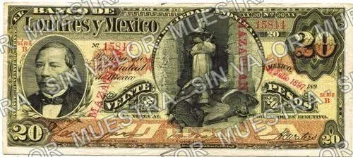 20 pesos, Banco de Londres y México (M273), anverso (M273k $20 stamped 'MAZATLAN')